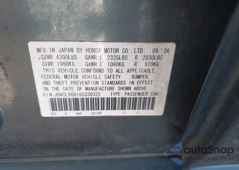 2006 Acura Tsx from USA, damaged, VIN JH4CL96816C039322